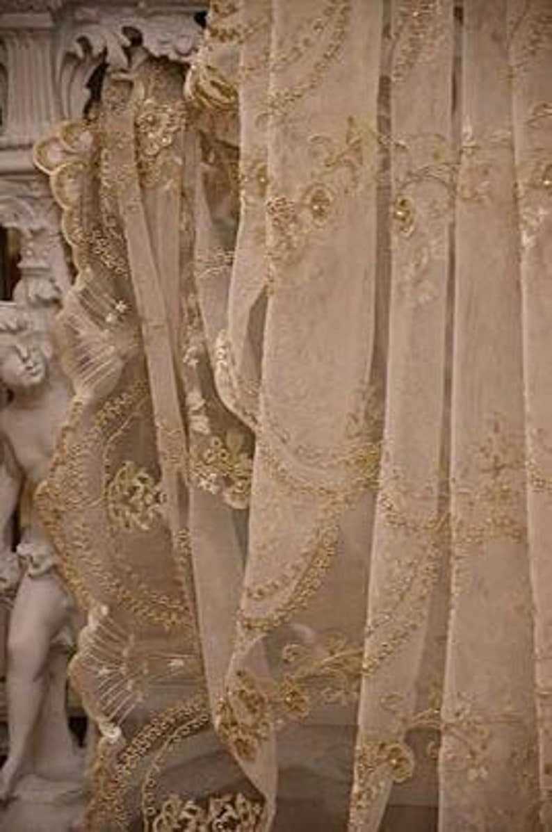 May include: A pair of sheer curtains with a delicate gold embroidered pattern. The curtains are made of a lightweight fabric and have a flowing, romantic look.