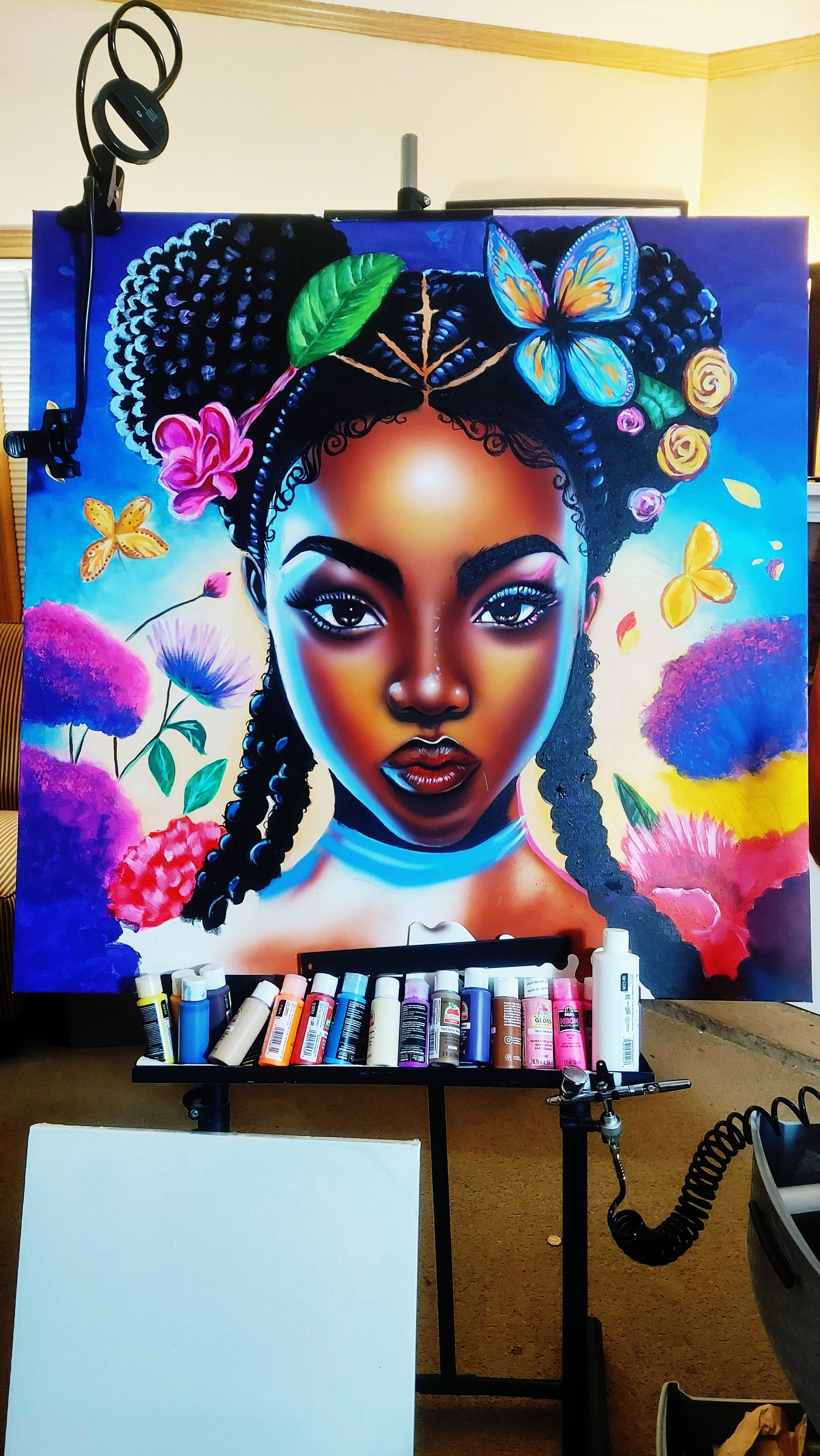 Hand Painted African American Art, Black Girl Magic, Afro Dripwall Art, Black Art, Woman Art