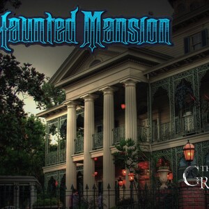 May include: A large, white, two-story house with a green iron railing and a sign that reads "The Haunted Mansion The Grinning Raven".