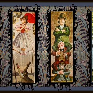May include: A vintage-style illustration of five figures in a row, each framed in a black border. The figures are a man holding a map, a woman balancing on a tightrope, a man with a top hat, a man with a beard, and a man holding a rose. The background is a dark blue with a floral pattern.