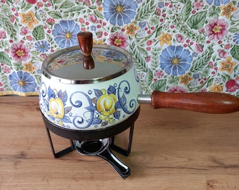 Villeroy & Boch FONDUE set CADIZ stoviglie della metà del XX secolo Boho Retro Vintage Christine Reuter in emaille pentola di metallo flower power