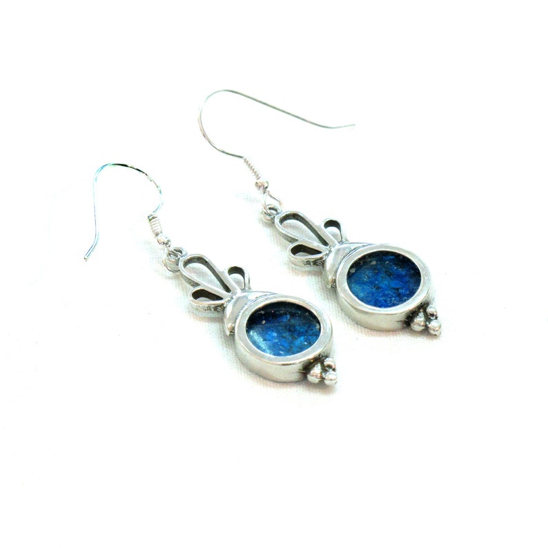 Rimmon 925 Silver Earrings Blue Roman Glass Pomegranate Sterling Silver Dangle Earrings Roman Glass Judaica Jewelry Israel Gift