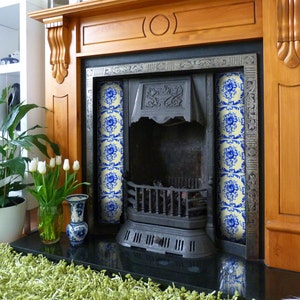 Hand painted tiles. Blue and white ceramics. Fireplace. Bathroom. Kitchen. Home decor. custom design