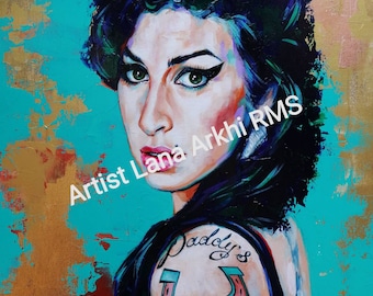 May include: An original painting of a woman with dark hair and green eyes, wearing a black top. The painting features a tattoo that says "Daddy's Girl" with a horseshoe design. The background is a mix of teal, gold, and pink.