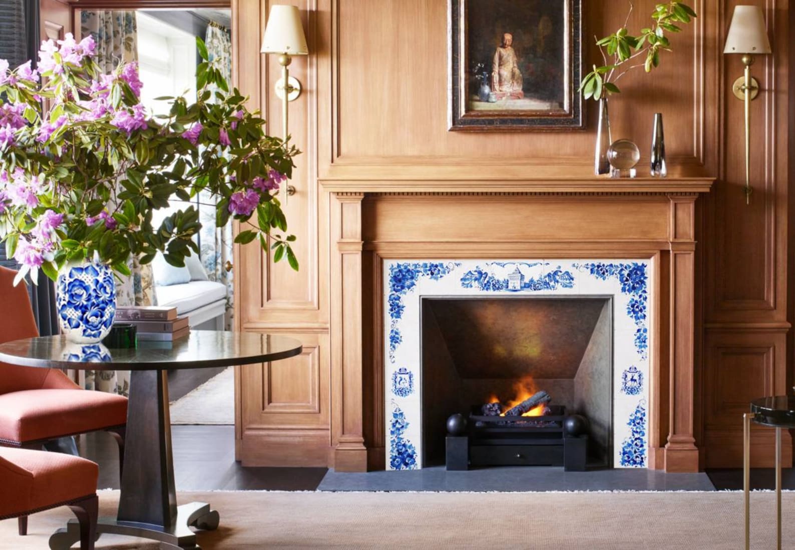 Hand Painted Tiles. Blue and White Ceramics. Fireplace. Bathroom