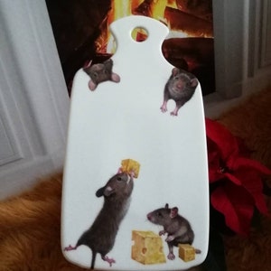Porcelain Cheese board. Very cute mice stealing cheese. Hand painted by Lana Arkhi image 1