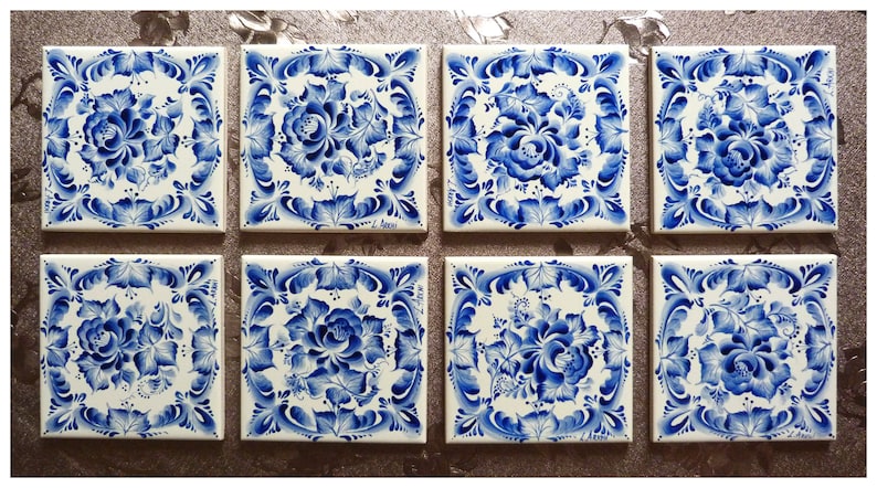 Hand painted tiles. Blue and white ceramics. Fireplace. Bathroom. Kitchen. Home decor. custom design image 8