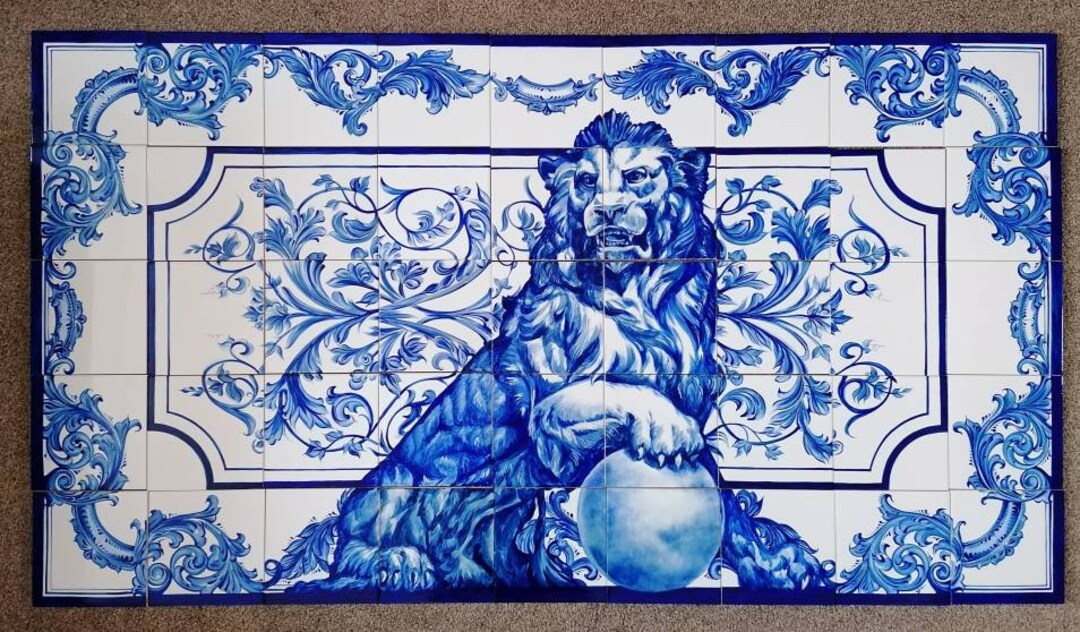 Hand Painted Ceramic Tiles Large Mural the Lion Blue and White Art by