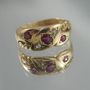 Victoriaanse robijnrode diamant 18k gouden slangenring - antieke liefdesring, maat 5