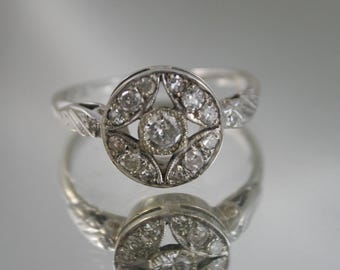 Antique Art Deco Diamond Ring, 18kt White Gold Daisy Flower Cluster, USA Size 7