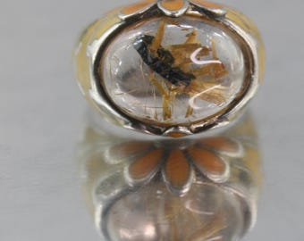 Vintage star rutile quartz, enamel sterling silver ladies dress ring statement piece size 8/Q