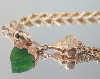 Antique 9k Gold Albertina Bracelet: Victorian Pocket Watch Chain with Jade