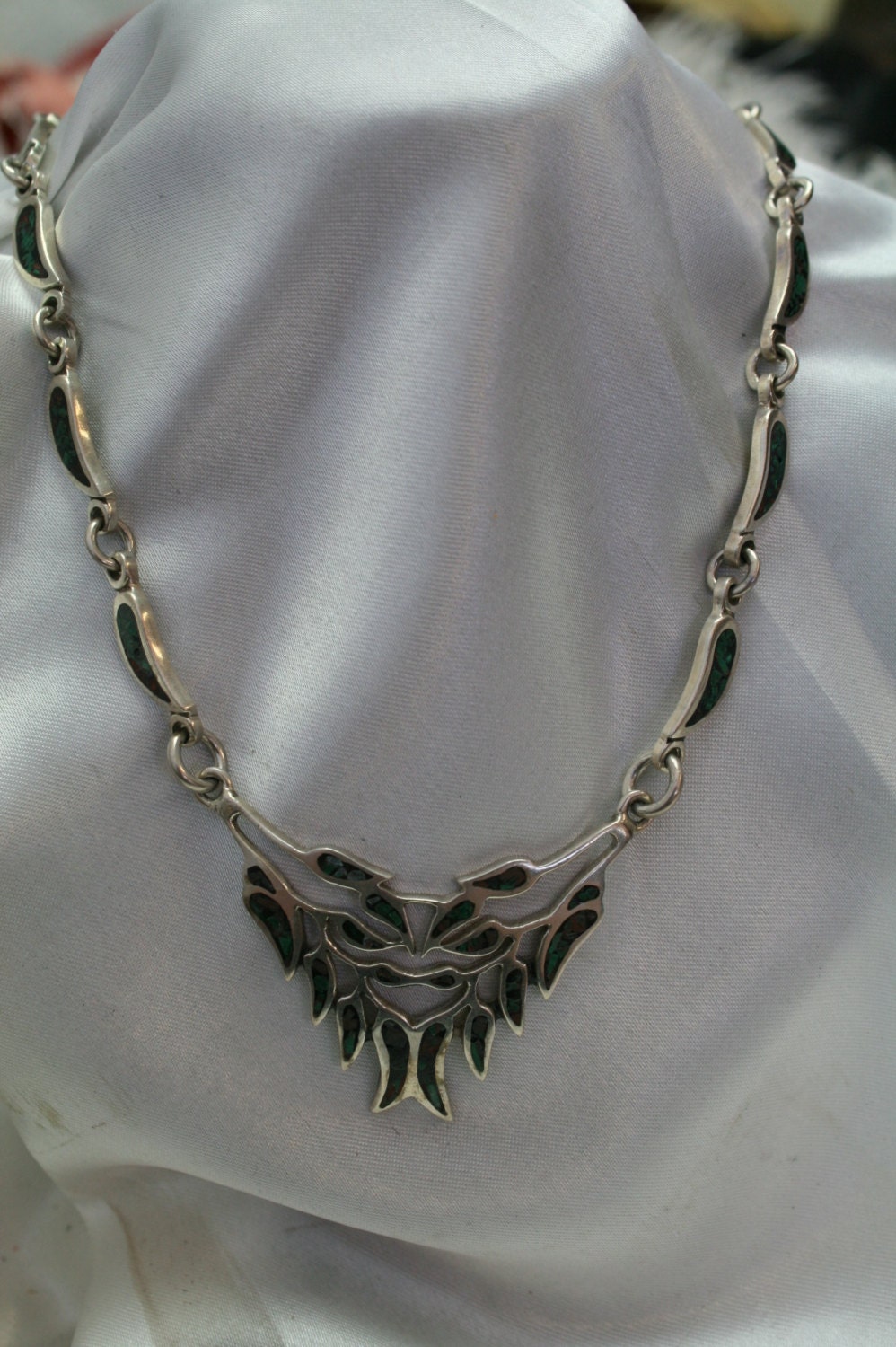アクセサリー vintage mexican design silver necklace Vintage Hencho Mexico Sterling Silver Malachite Necklace: Wave