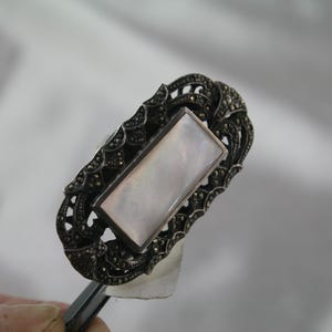 Vintage Marcasite Ring: Sterling Silver Mother of Pearl, Size 6 image 4