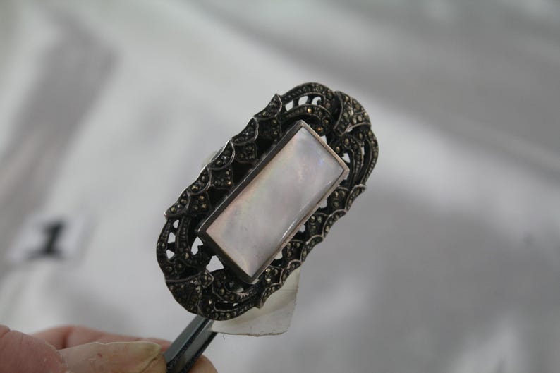 Vintage Marcasite Ring: Sterling Silver Mother of Pearl, Size 6 image 4