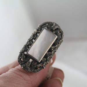 Vintage Marcasite Ring: Sterling Silver Mother of Pearl, Size 6 image 10