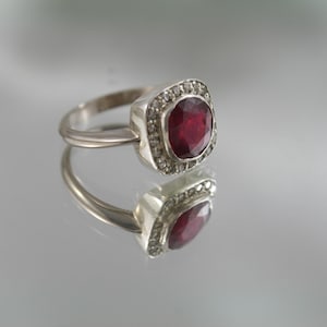 Art Deco Ruby Diamond Halo Ring: 18kt White Gold, Size 7.75 image 2