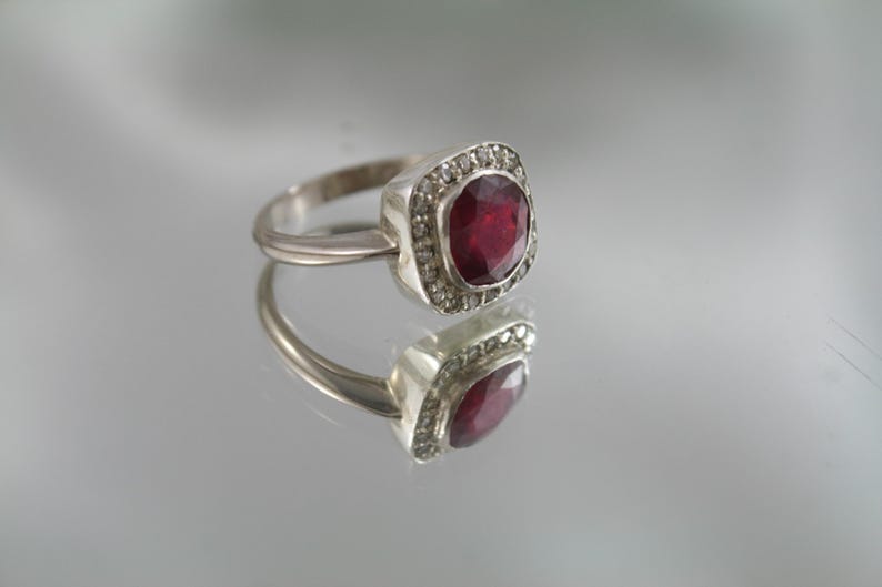 Art Deco Ruby Diamond Halo Ring: 18kt White Gold, Size 7.75 image 2