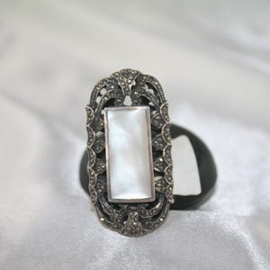 Vintage Marcasite Ring: Sterling Silver Mother of Pearl, Size 6 image 1