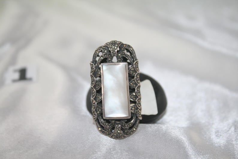 Vintage Marcasite Ring: Sterling Silver Mother of Pearl, Size 6 image 1