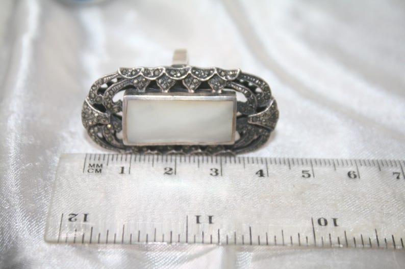 Vintage Marcasite Ring: Sterling Silver Mother of Pearl, Size 6 image 8