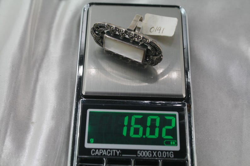 Vintage Marcasite Ring: Sterling Silver Mother of Pearl, Size 6 image 5