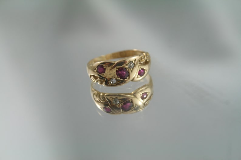 Victorian Ruby Diamond 18k Gold Snake Ring - Antique Love Ring, Size 5 image 1