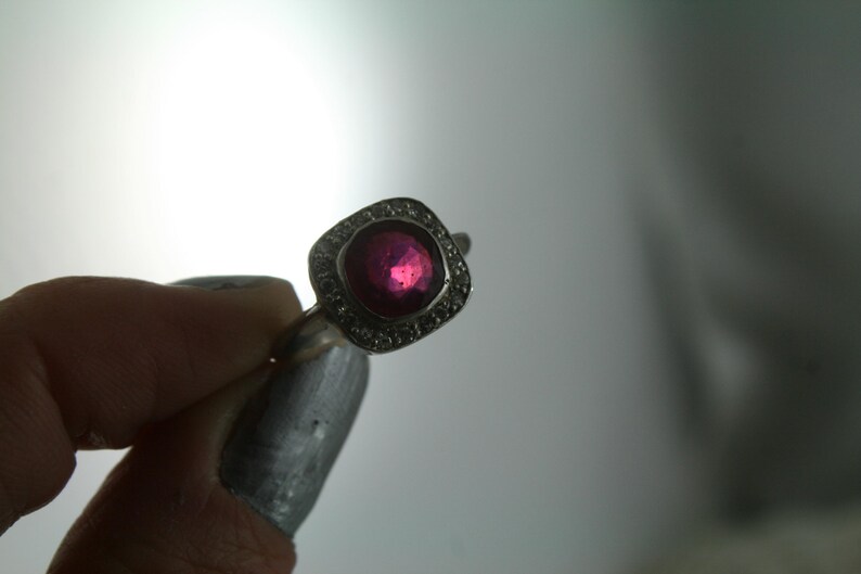 Art Deco Ruby Diamond Halo Ring: 18kt White Gold, Size 7.75 image 4