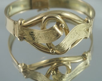 Free post.. Antique Victorian 14kt 585 solid gold bangle bracelet ,wide etched detail ladies hinge bangle 7." wrist