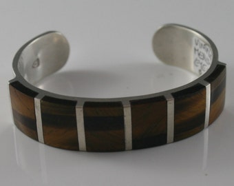 Unisex, fabulous solid heavy, sterling silver Mexico natural Tigers Eye inlay cuff bracelet, bangle, unisex men ladies bracelet