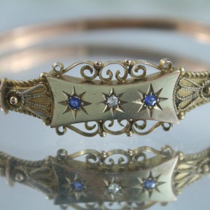 Antique Victorian 1905 - 9K- 9CT- Solid Gold-  English hallmarks- Etruscan Bracelet- Sapphires- mine cut diamonds- lady gift- birthday gift