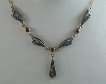 Antique Victorian 1900 solid 18k/18ct/ 750 gold Laviere drop pendant necklace, mine cut diamonds with rubies