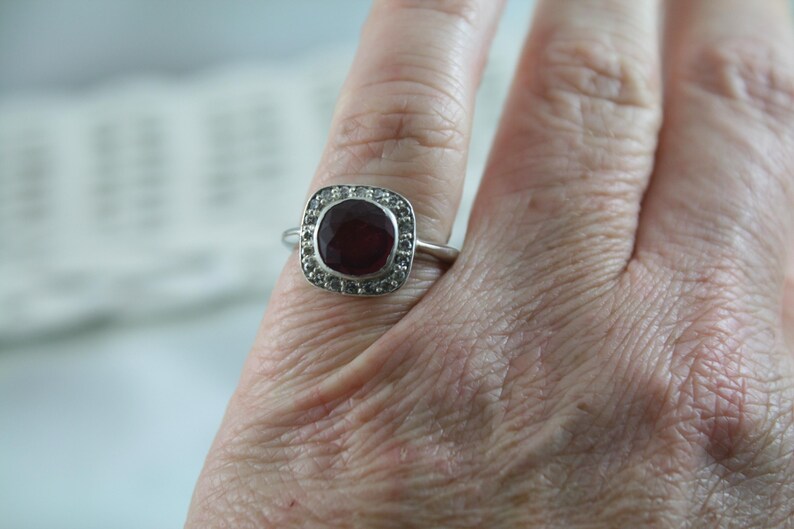 Art Deco Ruby Diamond Halo Ring: 18kt White Gold, Size 7.75 image 8