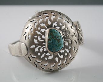 Antique 1810 England Sterling silver cut floral scroll wide solid bangle cuff bracelet natural set Turquoise gemstone,60gm, solid silver