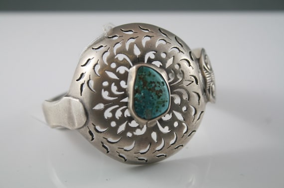 Antique 1810 Sterling Silver Turquoise Cuff Bracelet: Floral