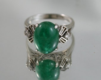 Art Deco Platinum Emerald Cabochon Ring: Rose Cut Diamond Filigree, Size 5