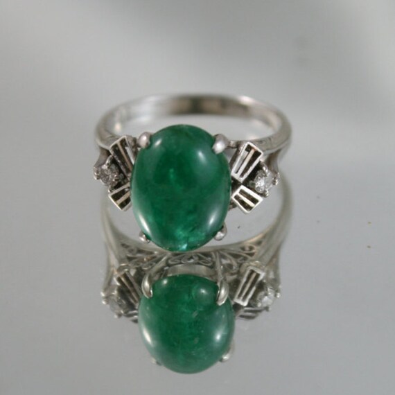 Art Deco Platinum Emerald Cabochon Ring: Rose Cut Diamond Filigree, Size 5