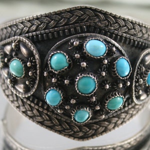 Pulseira persa antiga de prata esterlina turquesa - faixa de 7&quot; de largura
