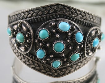 Rare and collectable, solid sterling silver wide band bracelet, Persian made bracelet with natural Persian set Turquoise 7",