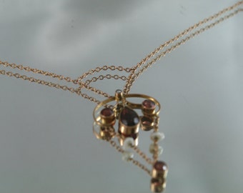 Stunning Antique Edwardian solid 375, 9k 9ct rose gold necklace laviere drop pendant, garnet, seed pearl set pendant