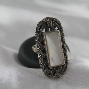Vintage Marcasite Ring: Sterling Silver Mother of Pearl, Size 6 image 2