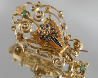 Vintage 18kt Gold Enamel Brooch Pendant: Emerald, Diamond Filigree