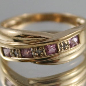 FREE SHIPPING- vintage- 9k- 375- gold- Amethyst- Diamonds -wide band Crossover- sz 6.5 USA- dress ring- birthday- friends- petite- girls