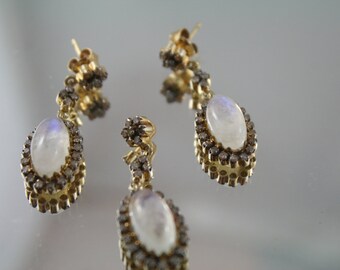 Antique Victorian 14k Gold Earring Pendant Set, Diamond Rainbow Moonstone