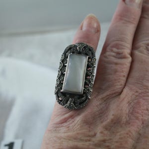 Vintage Marcasite Ring: Sterling Silver Mother of Pearl, Size 6 image 7