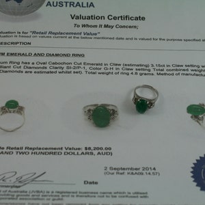 May include: A platinum emerald and diamond ring with a green oval cabochon cut emerald in a claw setting. The ring is surrounded by small round brilliant cut diamonds. The valuation certificate states the total weight of the ring is 4.8 grams and the total handmade retail replacement value is $8,200.00.