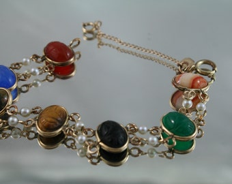 Free post....Vintage 12kt gold filled Scarab agate gem, double row chain bracelet,with cultured pearls multi gemstone large bracelet