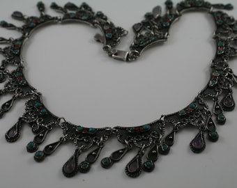 Vintage Mexican Sterling Silver Turquoise Coral Amethyst Dangle Necklace
