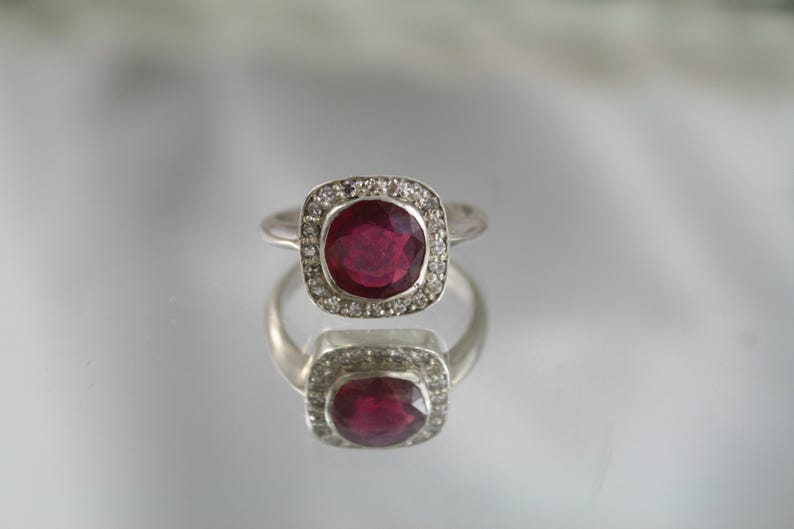 Art Deco Ruby Diamond Halo Ring: 18kt White Gold, Size 7.75 image 3