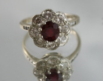 Antique Art Deco Ruby Ring: 18k Gold, Rose Cut Diamond Cluster, Size 8.5